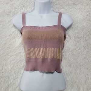 Witty Fox Ribbed Elegant Mauve and Beige Striped Crop Top Large